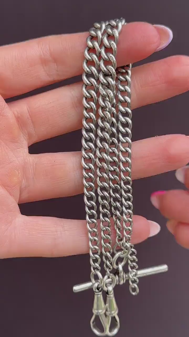 Antique Chester '1910' Sterling Silver Albert Chain Necklace with T-Bar and Dog Clips – 17.5"