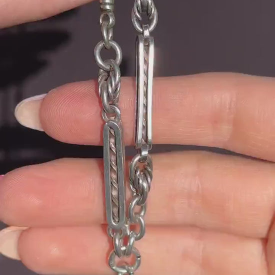 Antique '1909' Sterling Silver Bar and Love Knot Albert Chain Necklace | 14.5"