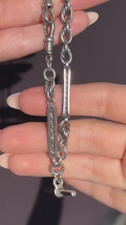 Antique '1909' Sterling Silver Bar and Love Knot Albert Chain Necklace | 14.5"