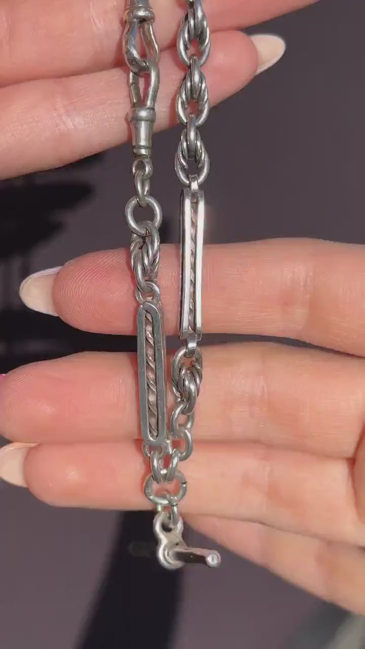 Antique '1909' Sterling Silver Bar and Love Knot Albert Chain Necklace | 14.5"