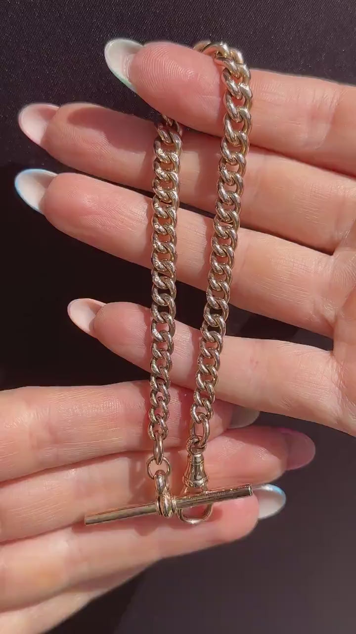 Antique Graduated Curb 9ct Gold Bracelet with Dog Clip and T-bar Drop | 8.25"