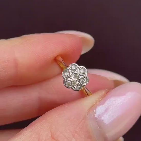 Antique Diamond Cluster Daisy Star 18ct Gold and Platinum Ring