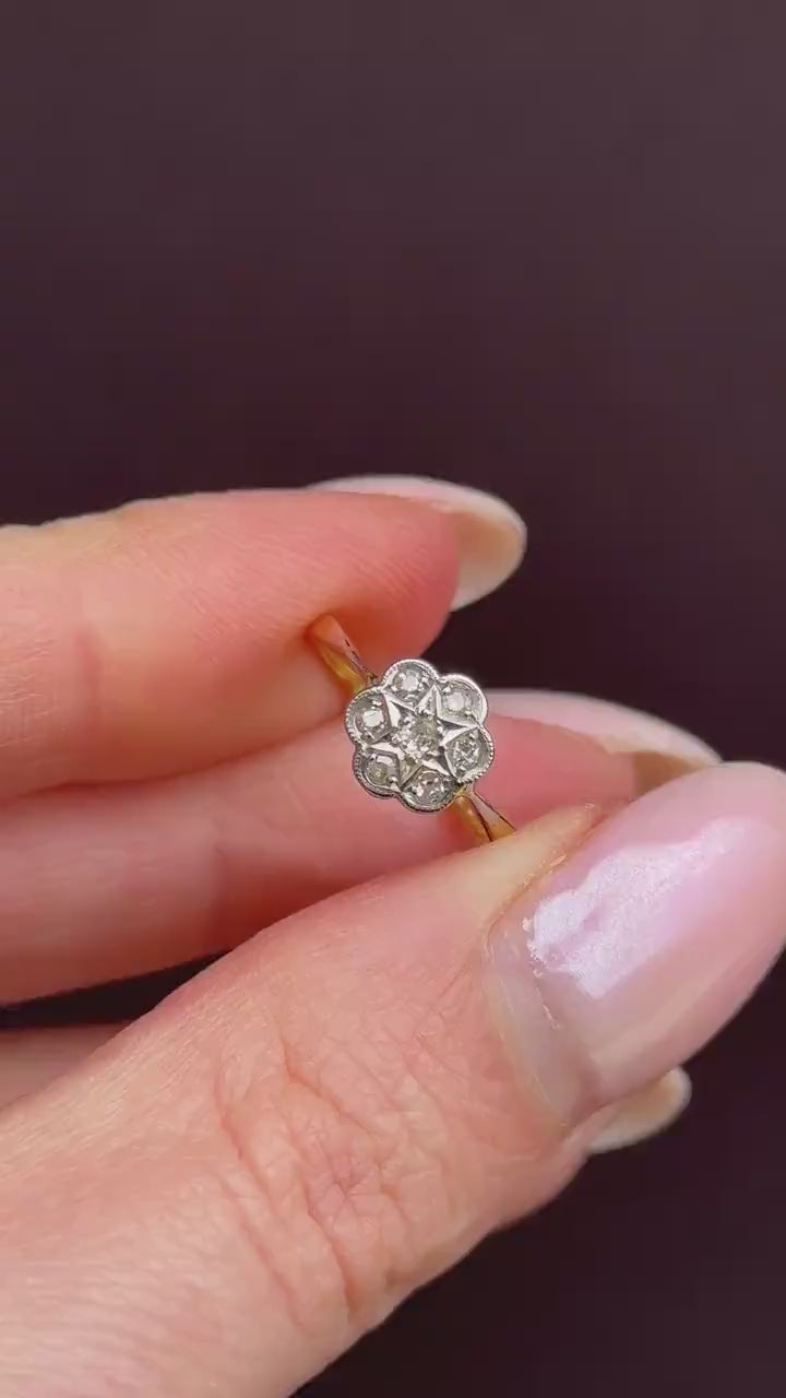 Antique Diamond Cluster Daisy Star 18ct Gold and Platinum Ring