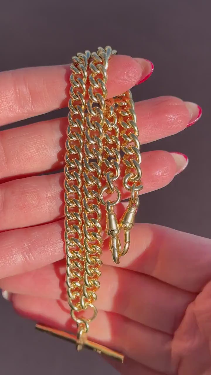 Antique 14.75" Gold on Sterling Silver Curb Albert Watch Chain T-bar Necklace