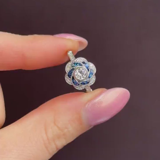 Art Deco Style Sapphire and Old Cut Diamond Flower Cluster Platinum Ring