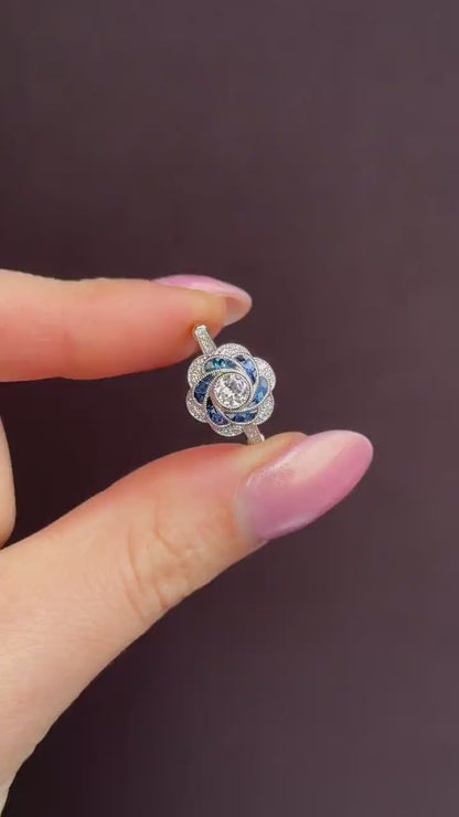 Art Deco Style Sapphire and Old Cut Diamond Flower Cluster Platinum Ring