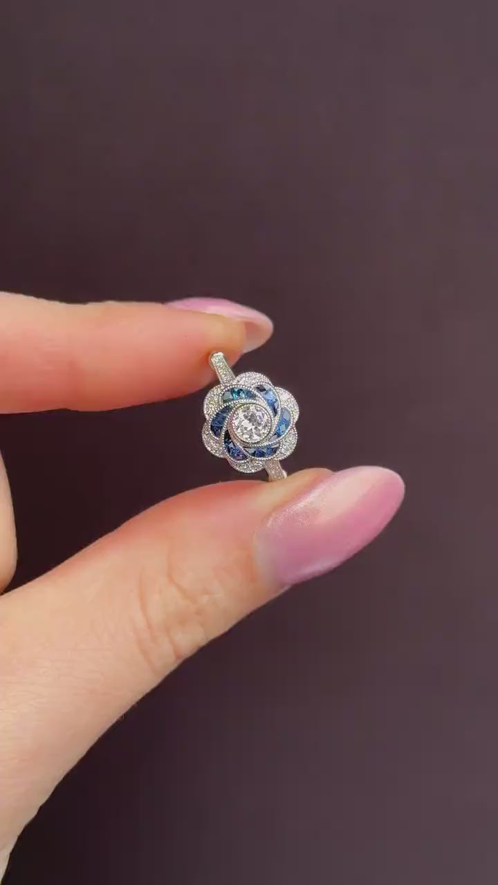 Art Deco Style Sapphire and Old Cut Diamond Flower Cluster Platinum Ring