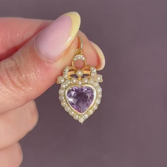 Vintage Amethyst and Pearl Heart Gold on Silver Charm Pendant