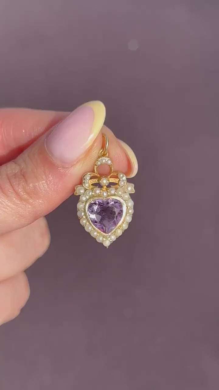 Vintage Amethyst and Pearl Heart Gold on Silver Charm Pendant