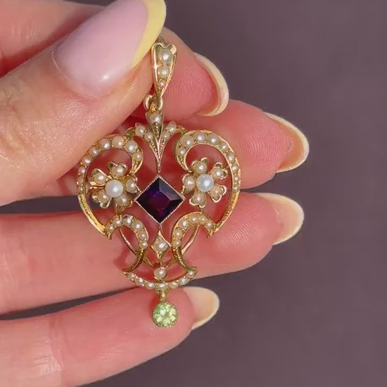 Antique Suffragette Peridot Pearl and Amethyst 15ct Gold Pendant