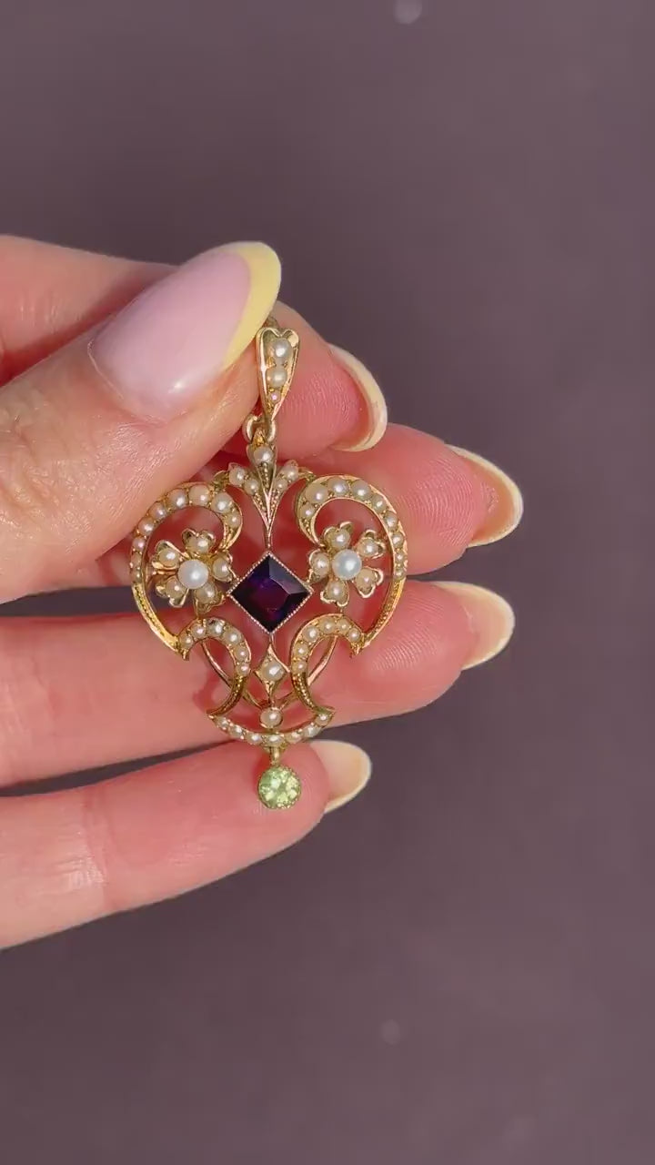 Antique Suffragette Peridot Pearl and Amethyst 15ct Gold Pendant