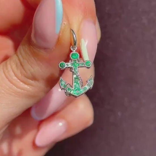 0.35ct Emerald Anchor Rope Nautical Platinum Charm Pendant