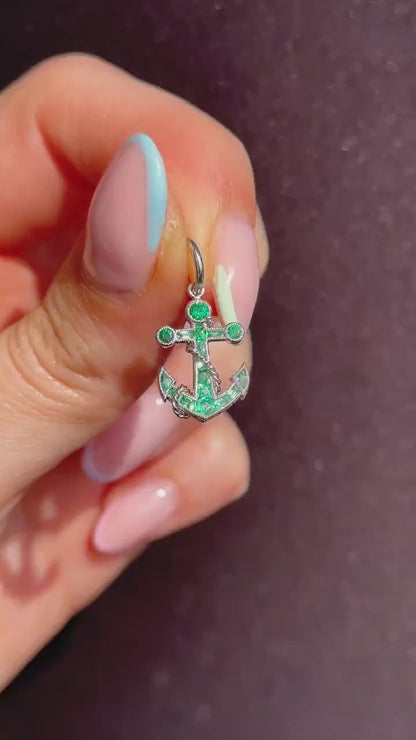 0.35ct Emerald Anchor Rope Nautical Platinum Charm Pendant