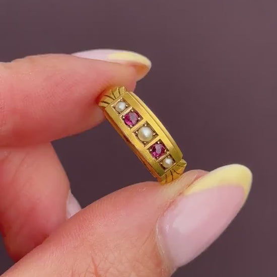 Antique Edwardian Ruby and Pearl 15ct Gold Band Ring - Dated 1903