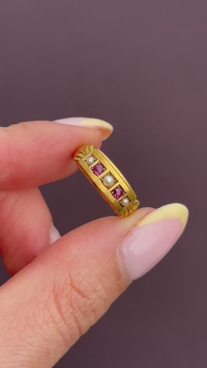 Antique Edwardian Ruby and Pearl 15ct Gold Band Ring - Dated 1903