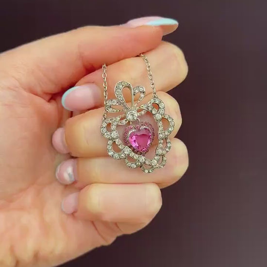 Antique Pink Paste Heart Bow Silver Pendant and Chain Necklace | 16.5"
