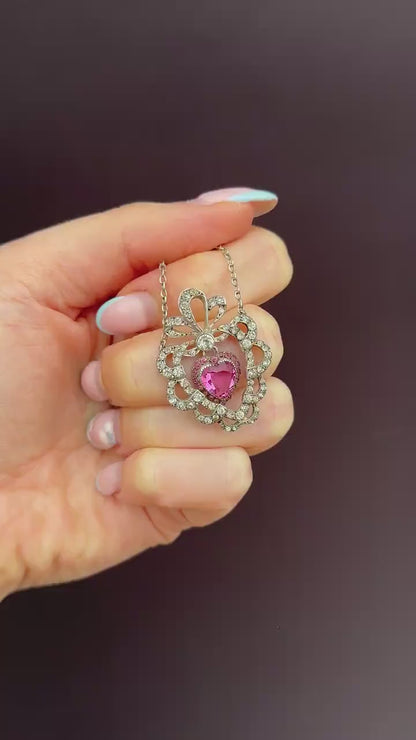 Antique Pink Paste Heart Bow Silver Pendant and Chain Necklace | 16.5"