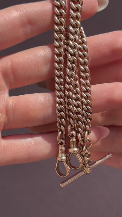 Antique 15.5" 9ct Gold Double Dog Clip Albert Curb Watch Chain Necklace