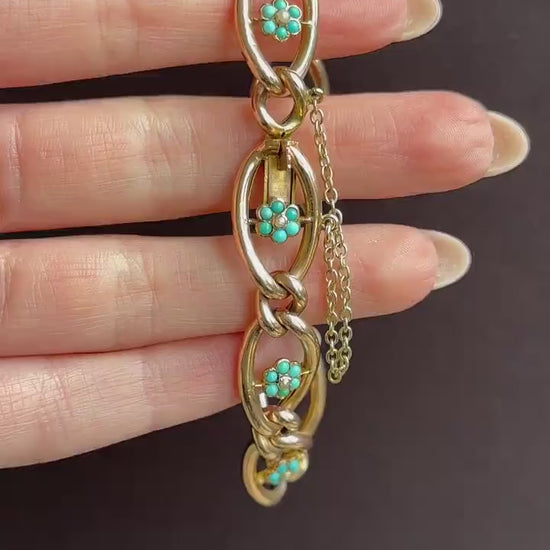 Antique Turquoise and Pearl Forget Me Not 9ct Gold Curb Link Bracelet | 7.5"