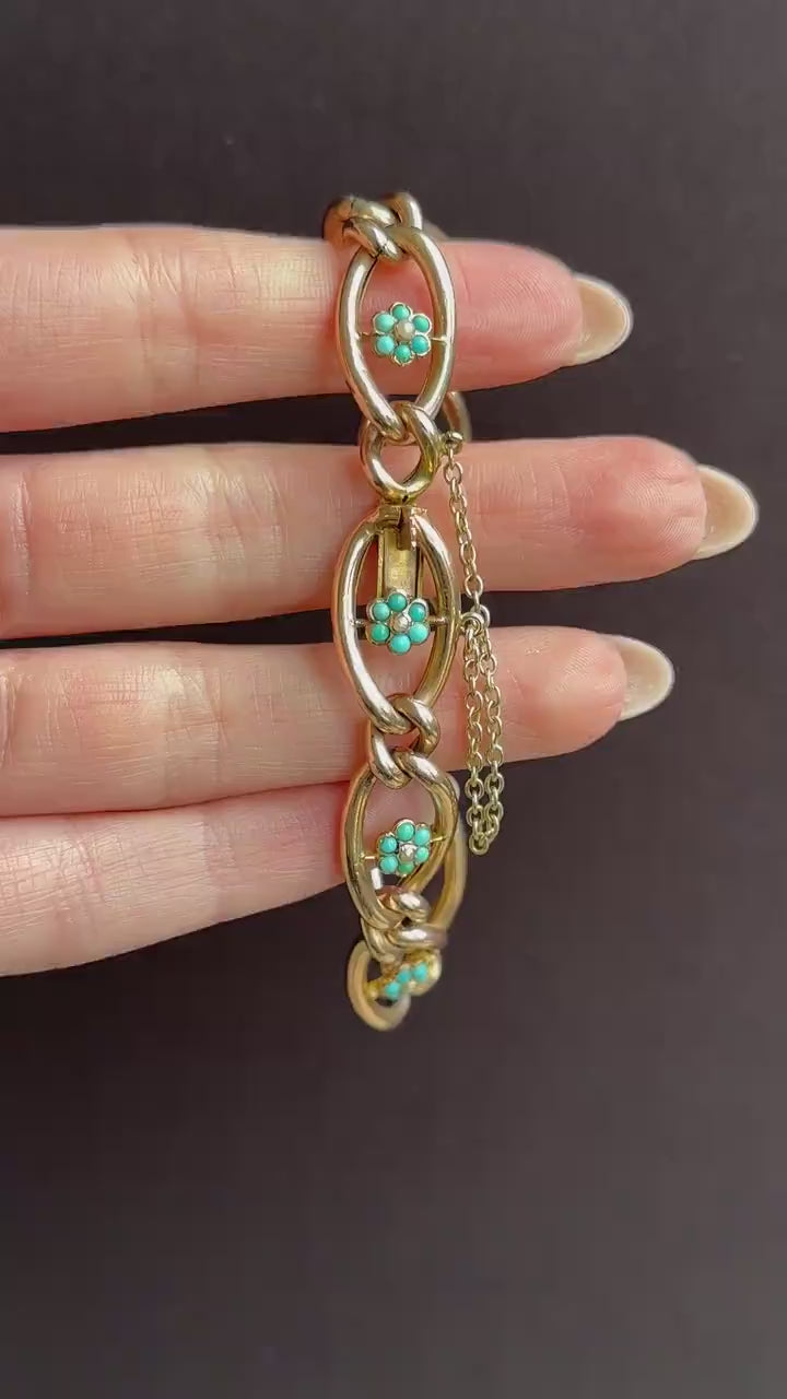 Antique Turquoise and Pearl Forget Me Not 9ct Gold Curb Link Bracelet | 7.5"