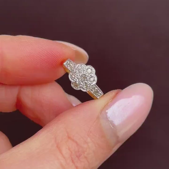 Antique Edwardian Diamond Cluster Daisy 18ct Yellow Gold and Platinum Ring