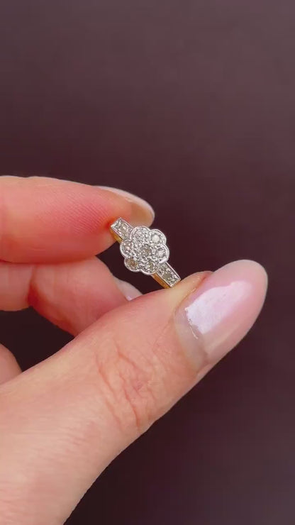 Antique Edwardian Diamond Cluster Daisy 18ct Yellow Gold and Platinum Ring