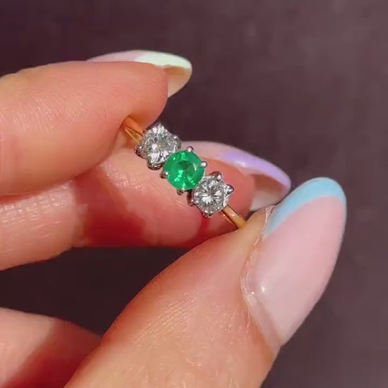 Vintage Emerald and Diamond Three Stone 18ct Gold Ring | 0.50ct Diamond