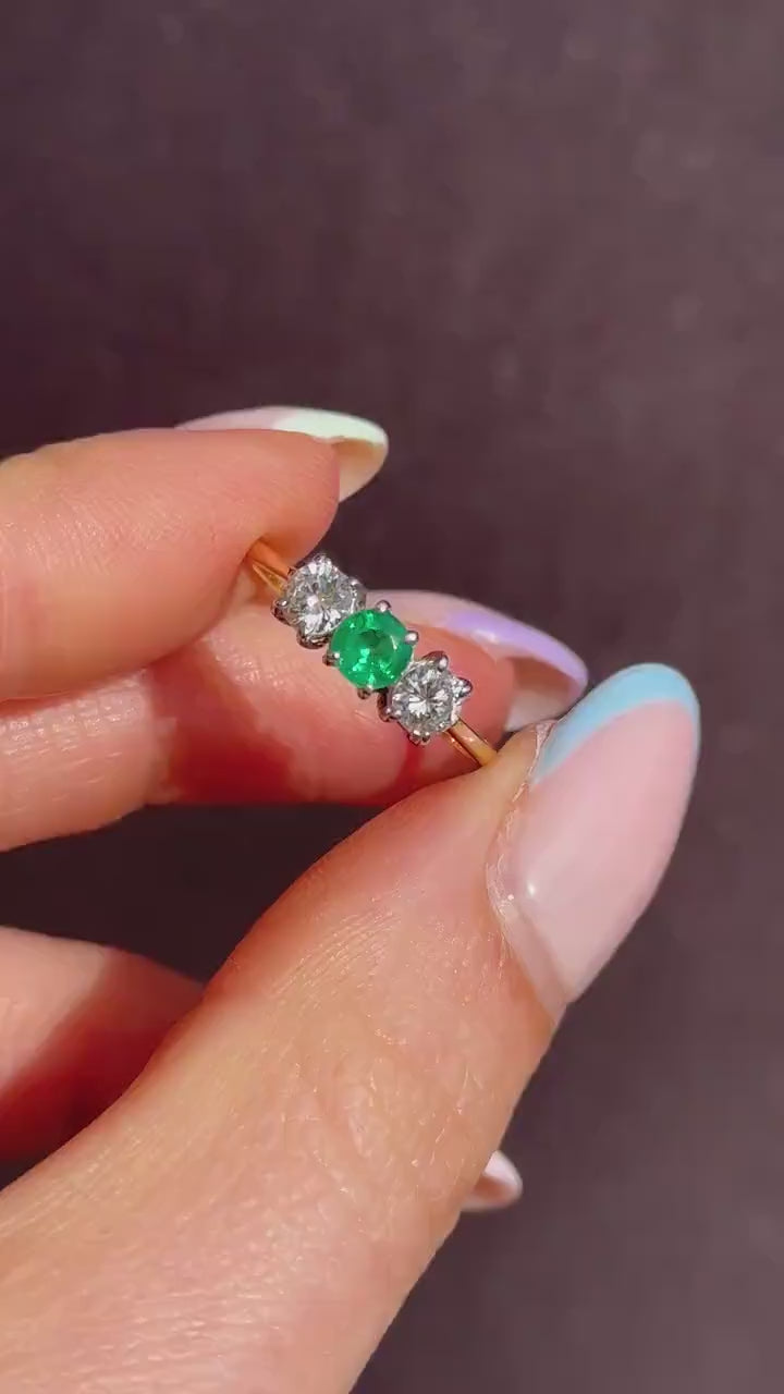 Vintage Emerald and Diamond Three Stone 18ct Gold Ring | 0.50ct Diamond