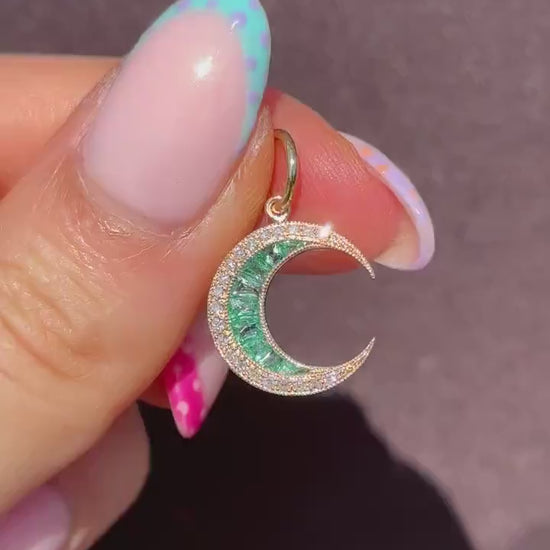 Antique Style Diamond and Emerald Crescent Moon 18ct Yellow  Gold Pendant