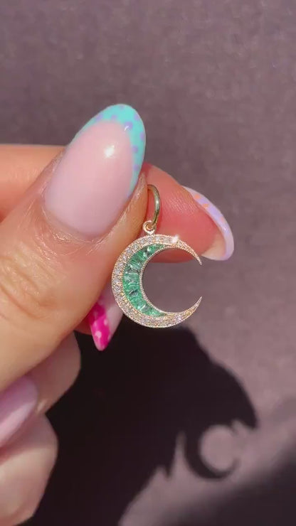 Antique Style Diamond and Emerald Crescent Moon 18ct Yellow  Gold Pendant