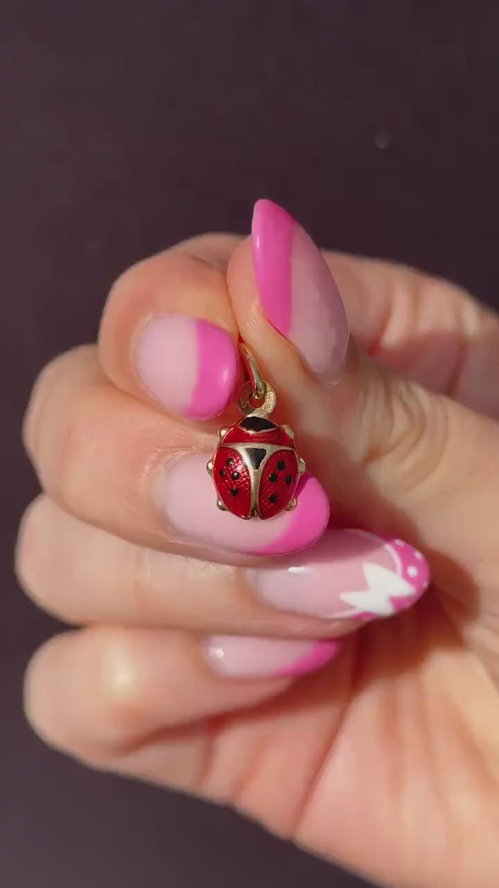 Vintage Italian Ladybug Ladybird Enamel 9ct Gold Charm Pendant