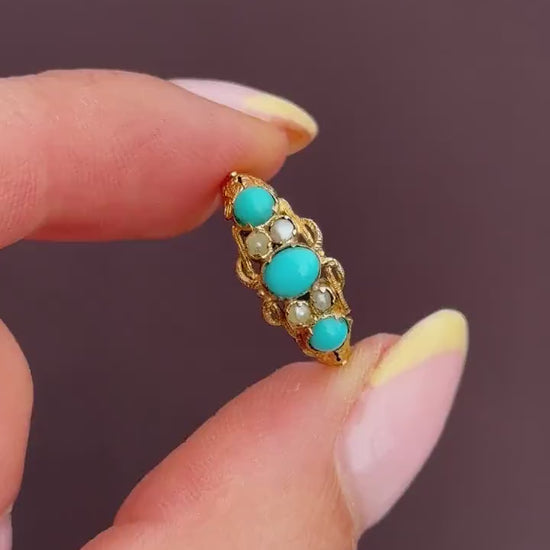 Antique '1865' Turquoise and Pearl Three Stone 15ct Gold Ring