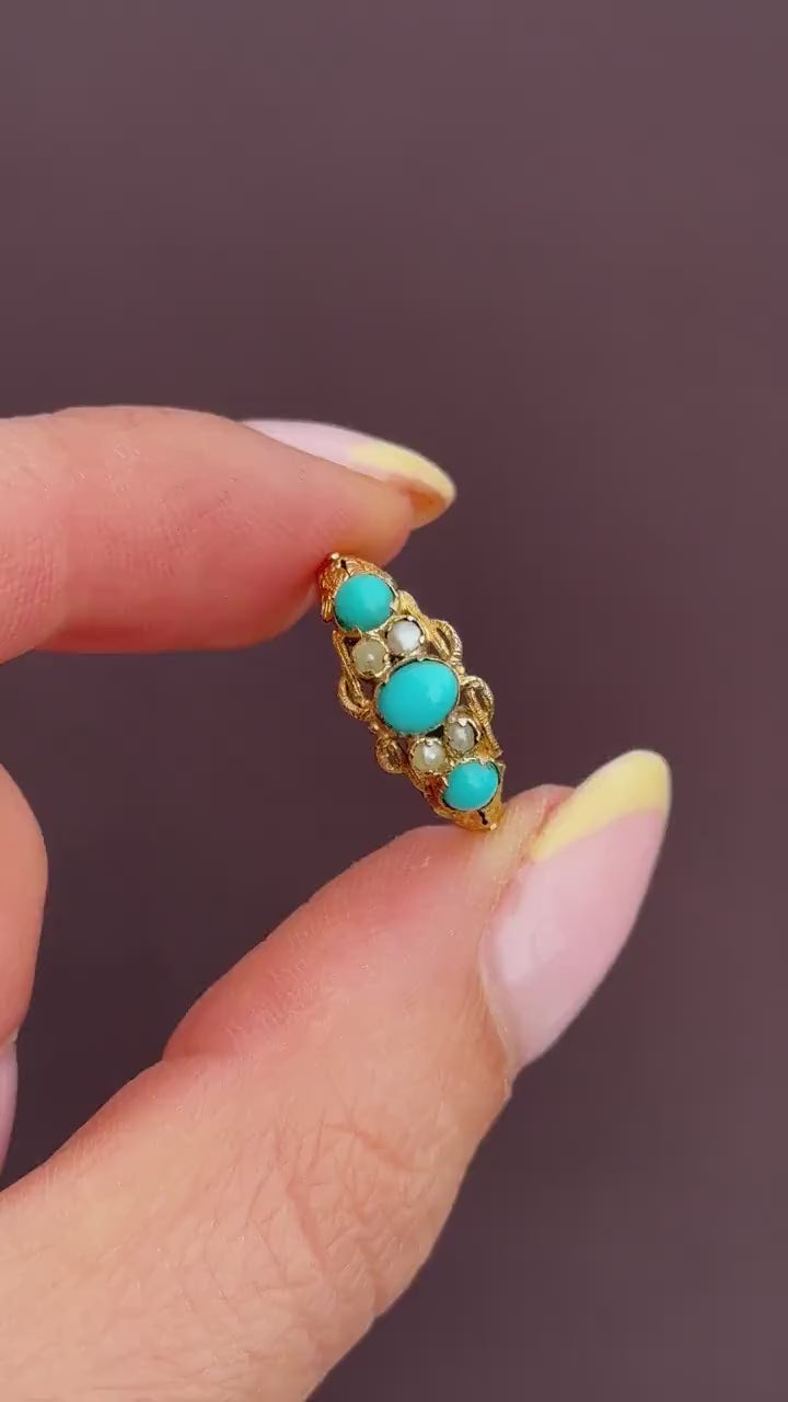 Antique '1865' Turquoise and Pearl Three Stone 15ct Gold Ring