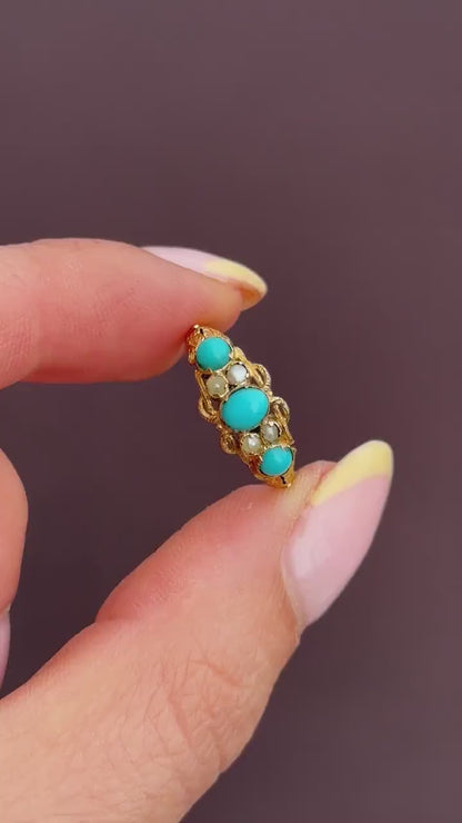 Antique '1865' Turquoise and Pearl Three Stone 15ct Gold Ring