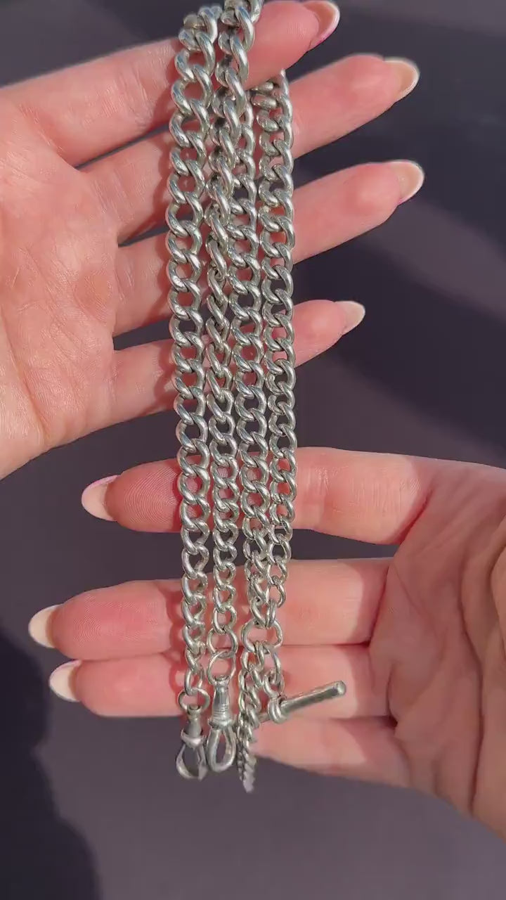 Antique 83g Sterling Silver Chunky Curb Link Albert Watch Chain Necklace – 25"