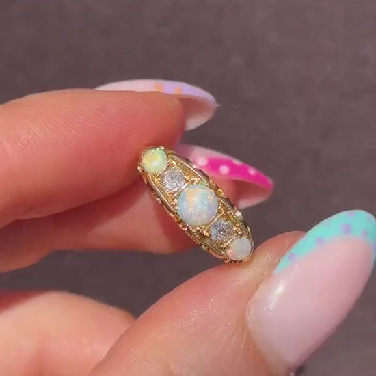 Antique Natural Opal and Diamond 18ct Gold Boat Ring | Birmingham 1906