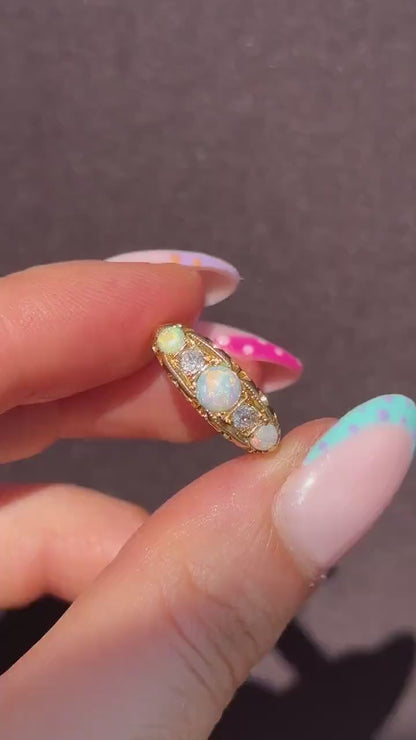 Antique Natural Opal and Diamond 18ct Gold Boat Ring | Birmingham 1906