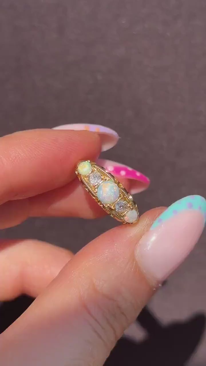 Antique Natural Opal and Diamond 18ct Gold Boat Ring | Birmingham 1906