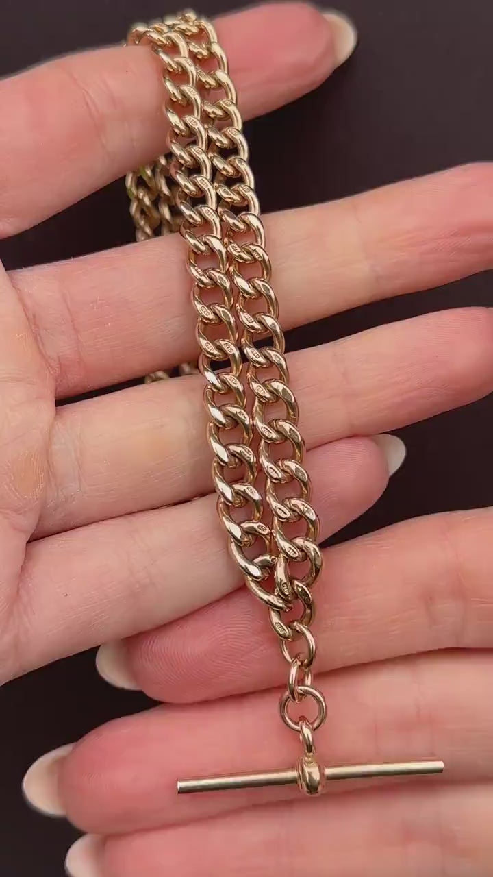 Vintage 17.75" 9ct Rose Gold Curb Link Double Albert Watch Chain Necklace