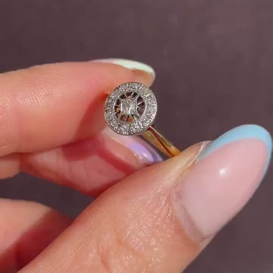 Antique Diamond Cluster Daisy 18ct Gold and Platinum Target Ring