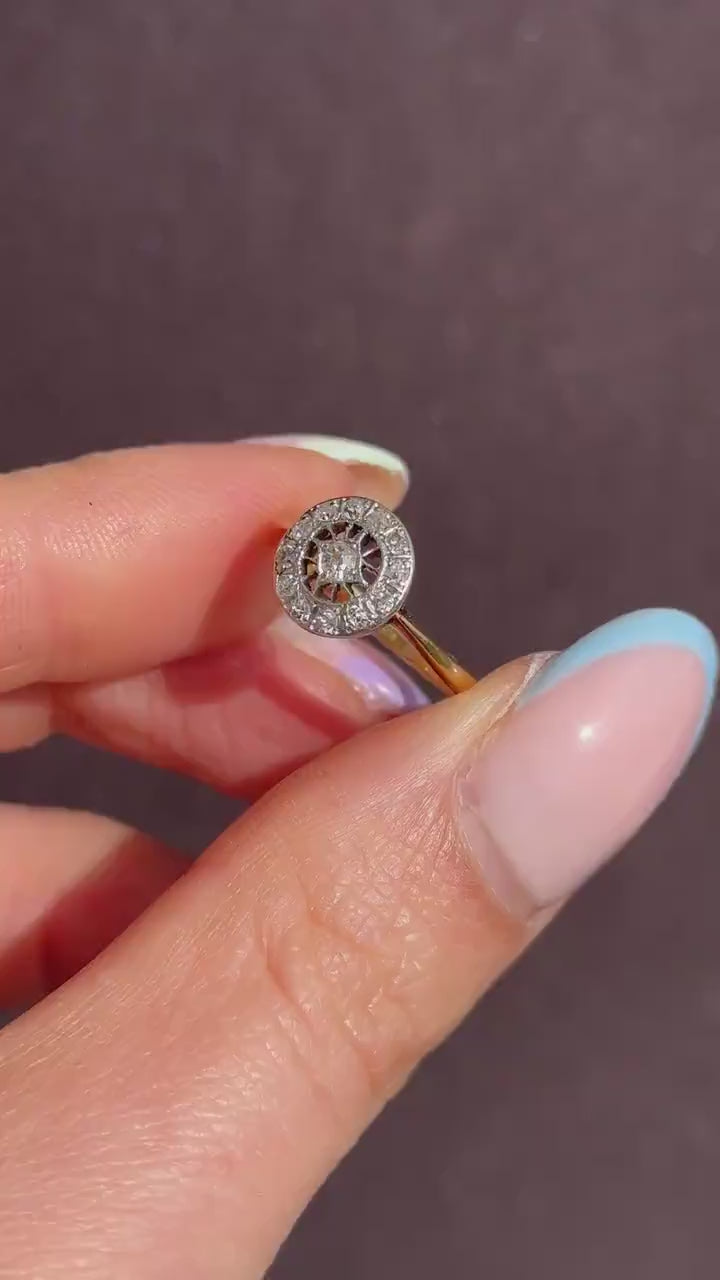 Antique Diamond Cluster Daisy 18ct Gold and Platinum Target Ring