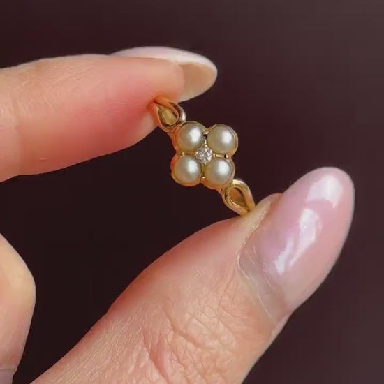 Antique Victorian Pearl and Old Cut Diamond 18ct Gold Ring