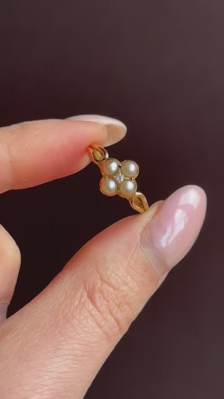 Antique Victorian Pearl and Old Cut Diamond 18ct Gold Ring