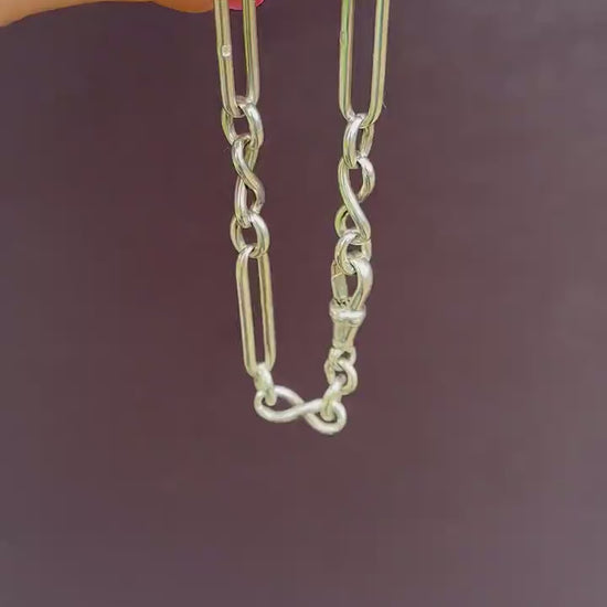 Antique Sterling Silver Trombone Link Bracelet with Dog Clip | 7.75"