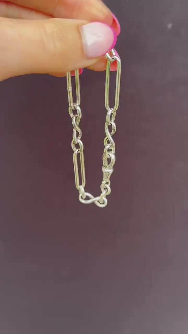 Antique Sterling Silver Trombone Link Bracelet with Dog Clip | 7.75"