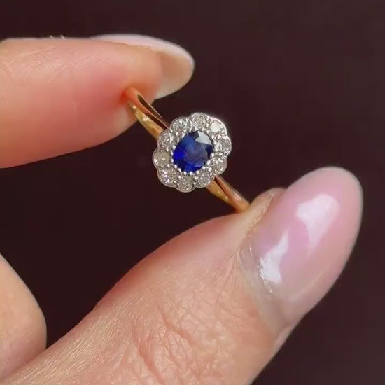 Antique Sapphire and Diamond Oval Cluster 18ct Gold and Platinum Ring