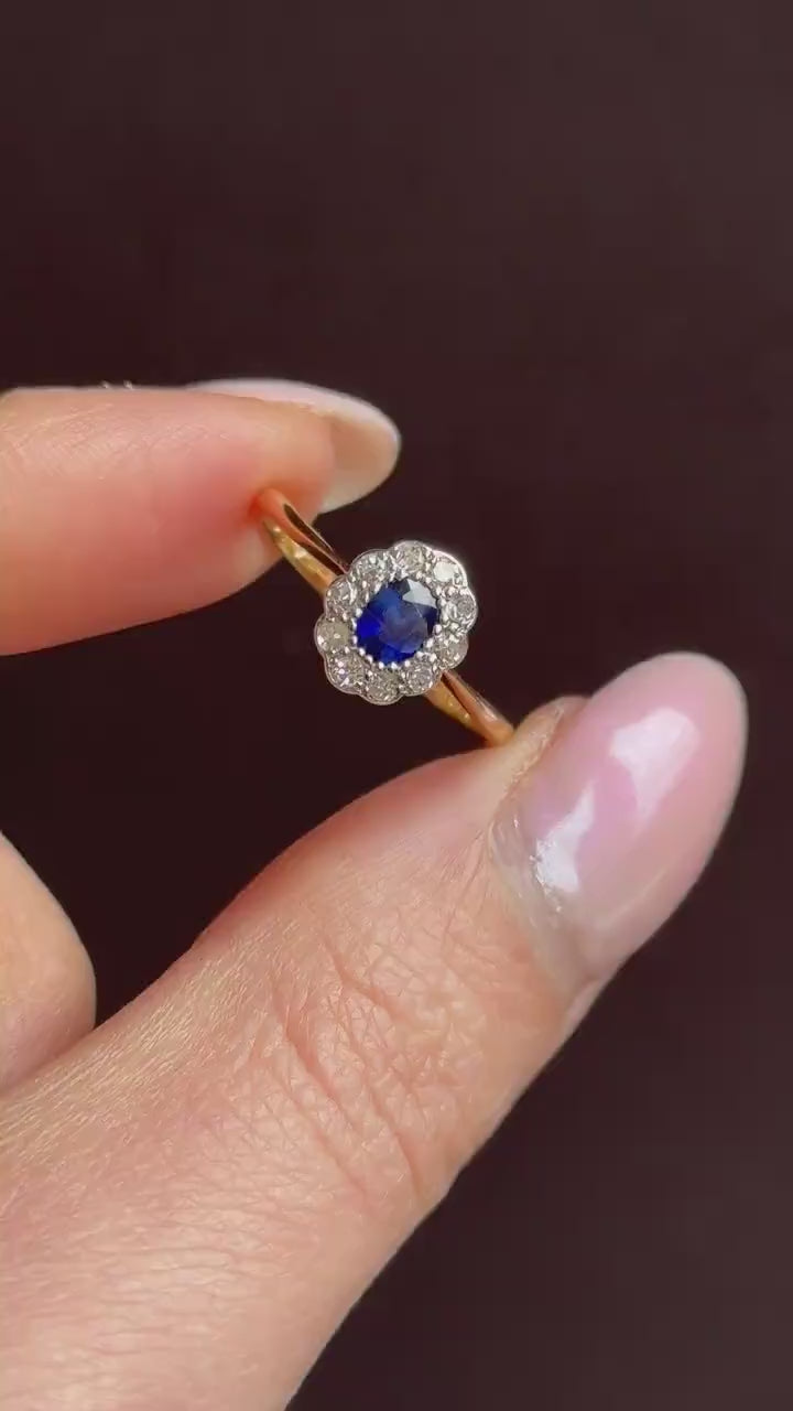 Antique Sapphire and Diamond Oval Cluster 18ct Gold and Platinum Ring