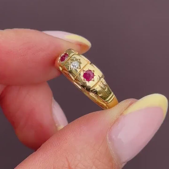 Antique Ruby and Diamond 18ct Yellow Gold Three Stone Starburst Gypsy Ring