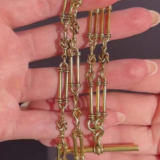 Antique 17" 18ct Yellow Gold Trombone and Love Knot Albert Chain Necklace
