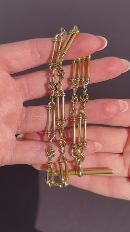 Antique 17" 18ct Yellow Gold Trombone and Love Knot Albert Chain Necklace